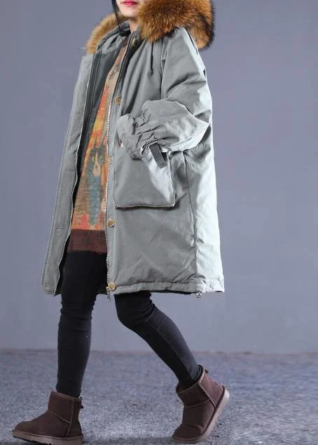Casual gray green duck down coat oversize down jacket winter hooded zippered flare sleeve fur collar outwear