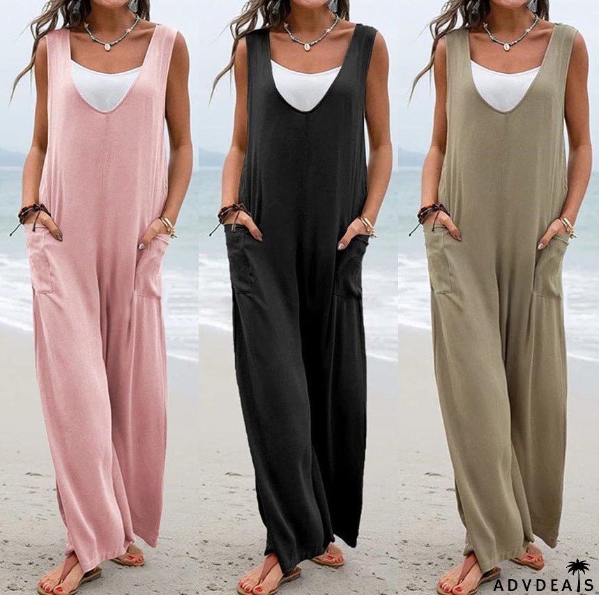 Solid Color Patch Pocket Fashionable Jumpsuit V-neck