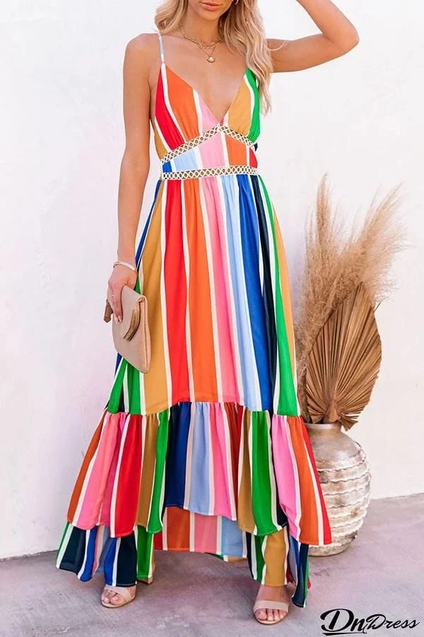Rainbow V-neck Halter Braces Skirt