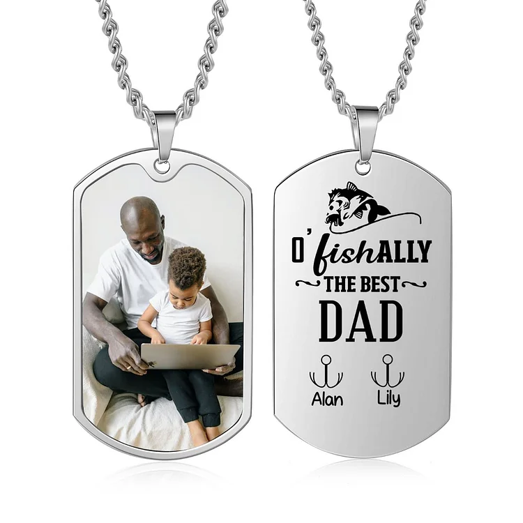 O'Fishally The Best Dad Necklace Custom Photo Dog Tag Necklace with 2 Fishing Hooks