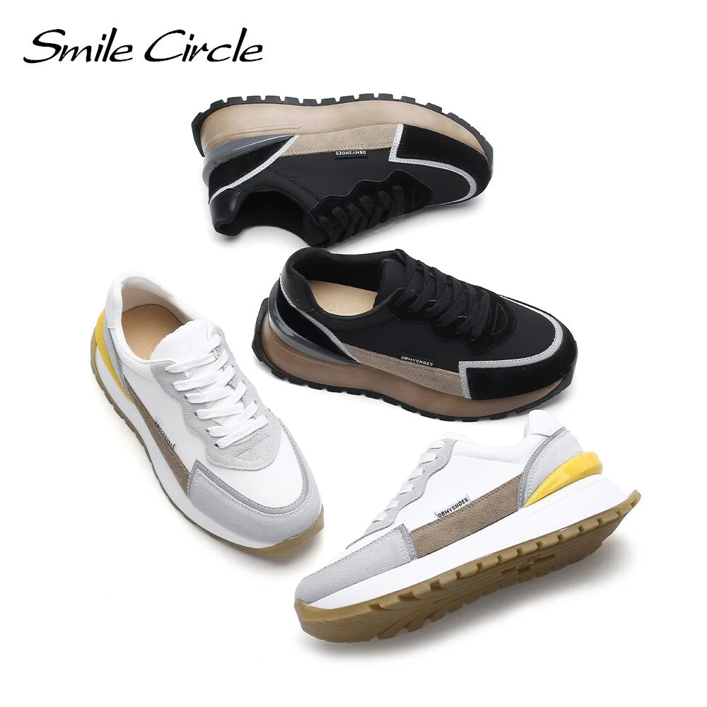 Smile Circle Women Sneakers Flat Platform shoes Cow Leather spring fashion Reflective Breathable Thick bottom Ladies Shoes