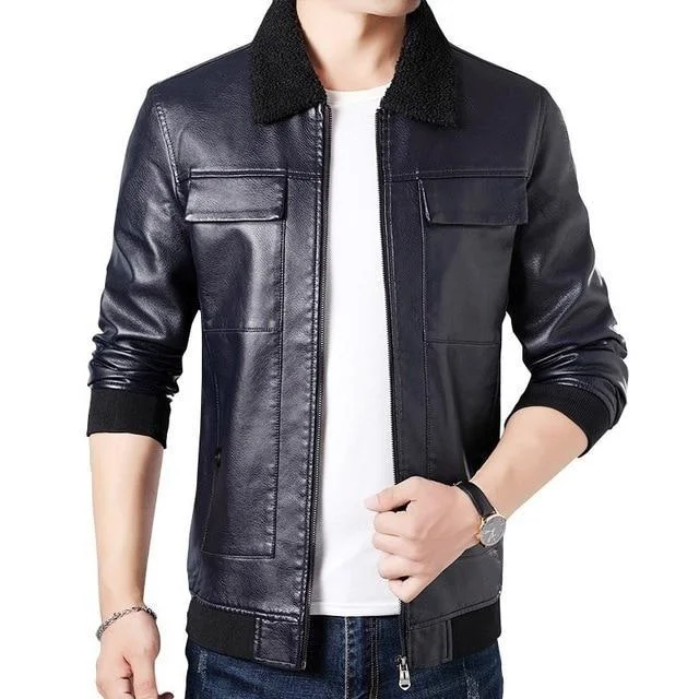 Men Pockets Casual Motorcycle Faux Leather Jacket Coat Men Fleece Collar Leather Jackets