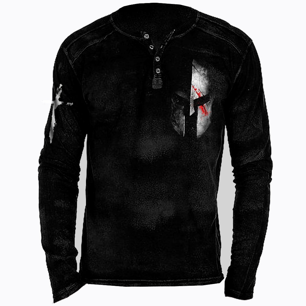 Men's Spartan Cross Print Long Sleeve Henley Shirt-Compassnice®