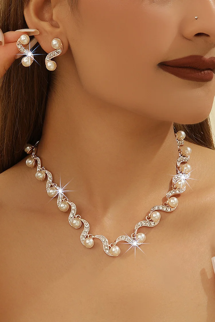 Wedding Pearls Geometric Rhinestone Inlaid Earrings Necklace Jewelry Set 2024 - Xpluswear