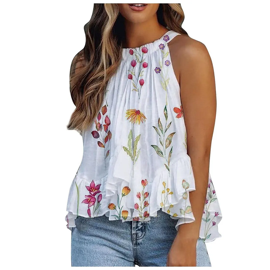 Brownm Print Round Neck Halter Sexy Sleeveless Blouses