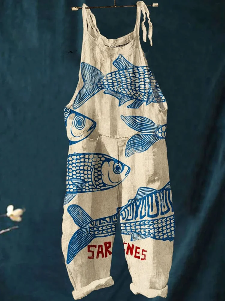 Women's Vintage Fish Sardines Art Print Casual 100% Cotton Wide Leg Jumpsuit
