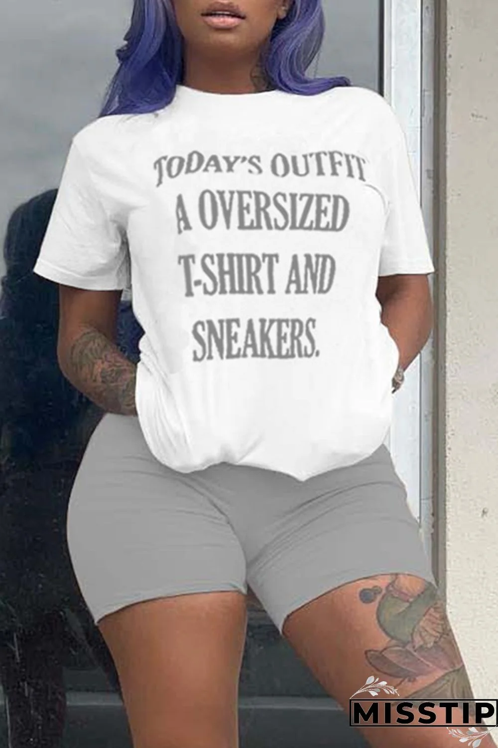 Grey Fashion Casual Letter Print Basic O Neck Short Sleeve Two Pieces