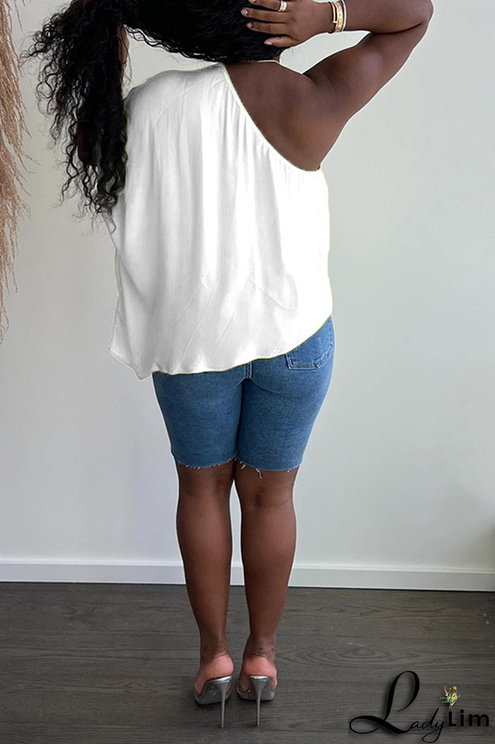 White Fashion Solid Split Joint One Shoulder T-Shirts