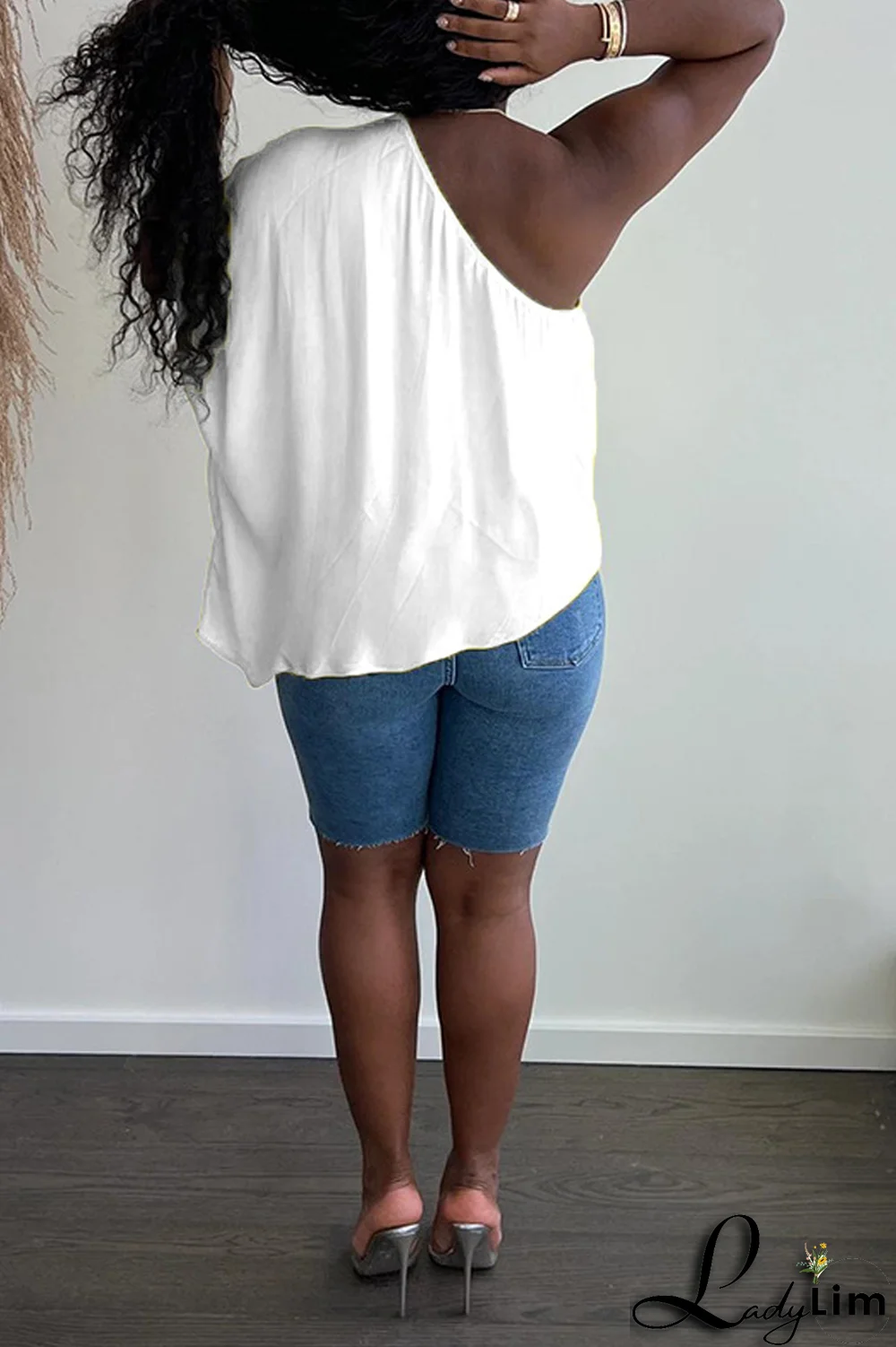 White Fashion Solid Split Joint One Shoulder T-Shirts