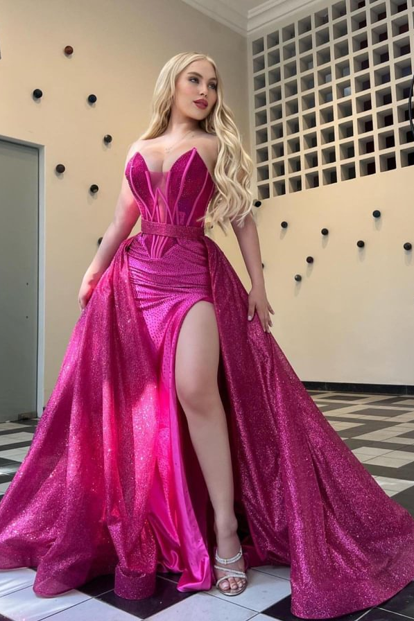 Daisda Stunning Hot Pink Sweetheart Sleeveless Split Sequins Prom Dress With Ruffles