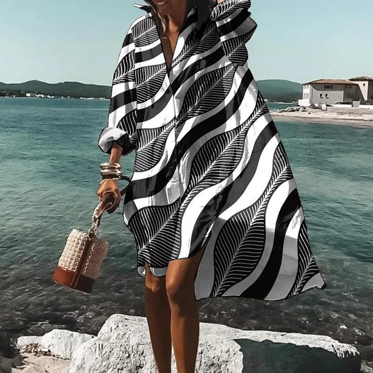 Women's  Seaside Holiday vintage print Loose Casual Shirt Dress