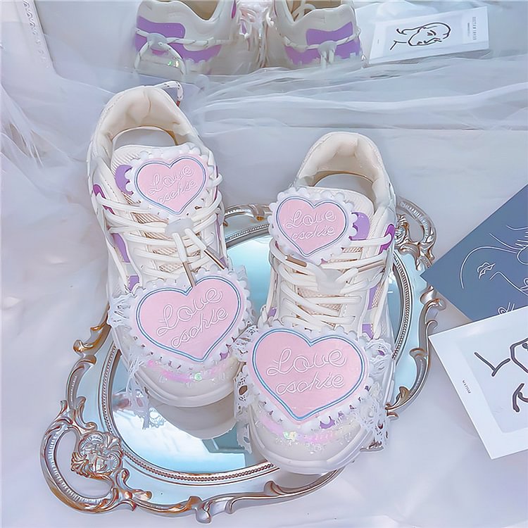 Chic Love Heart Decor Round Toe Lolita Sneakers - Modakawa Modakawa