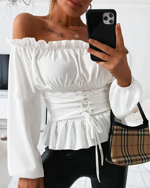 OFF SHOULDER LACE-UP FRONT CASUAL BLOUSE