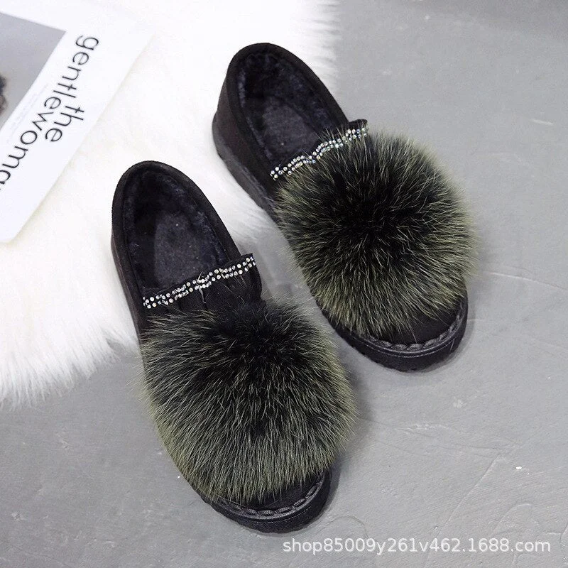 2020 Chic Pompon rabbit fur moccasins femme warm plush winter shoes women crystal pleated cotton flats woman comfy furry loafers