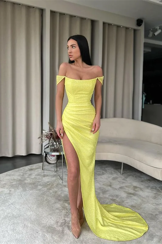 Bright Yellow Off-The-Shoulder Prom Dress Mermaid With Split PD0743