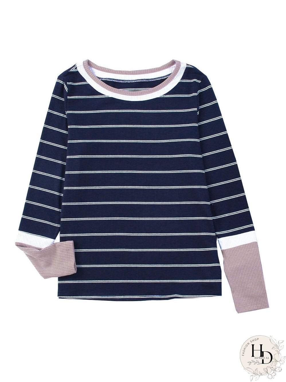 Blue Striped Rib Knit Pullover with Color Block Cuffs