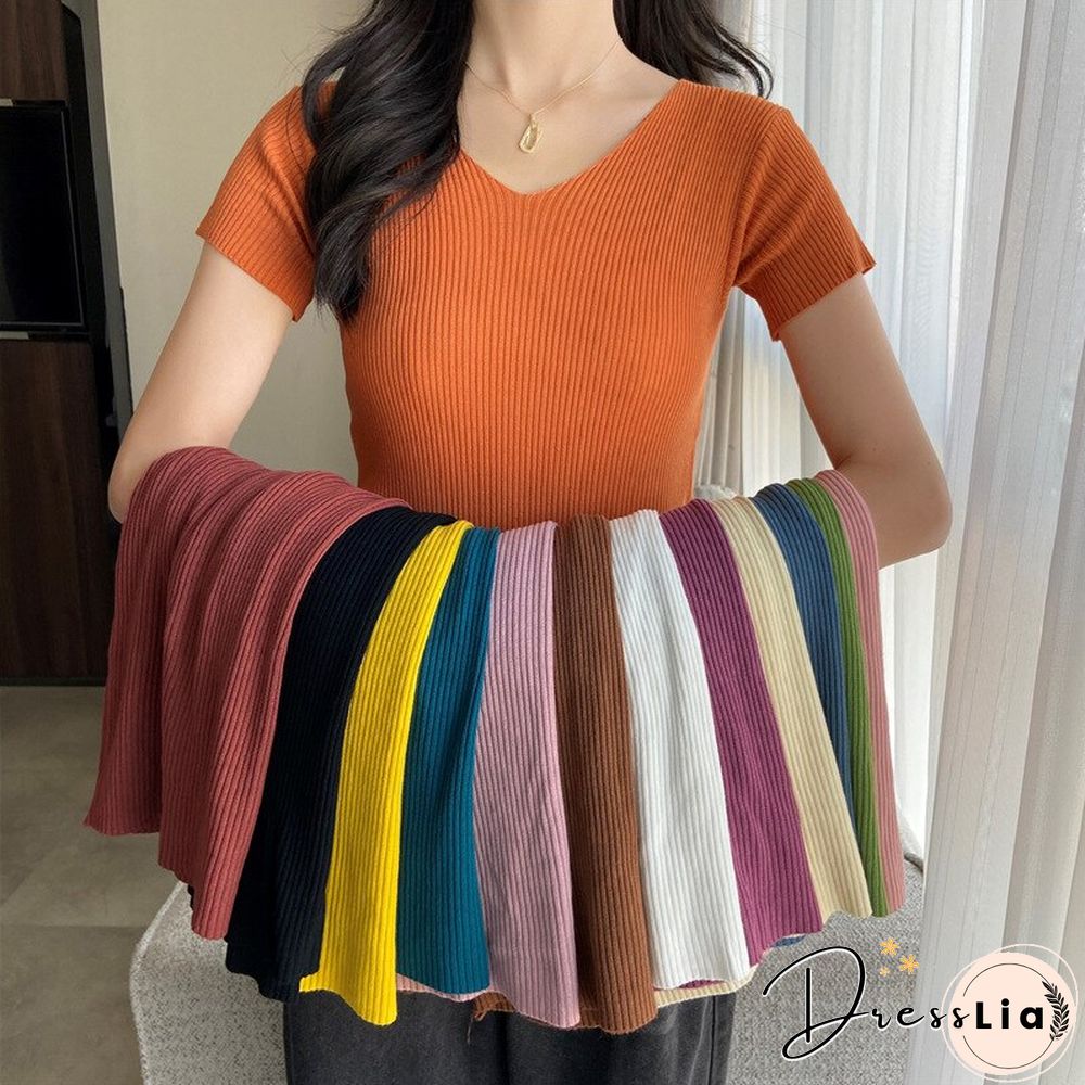 Christmas Gift Summer Short Sleeve Korean Style Sweater V-Neck Knitted Pullover Women Sweaters Basic Thin Tops Pull Femme Jumper