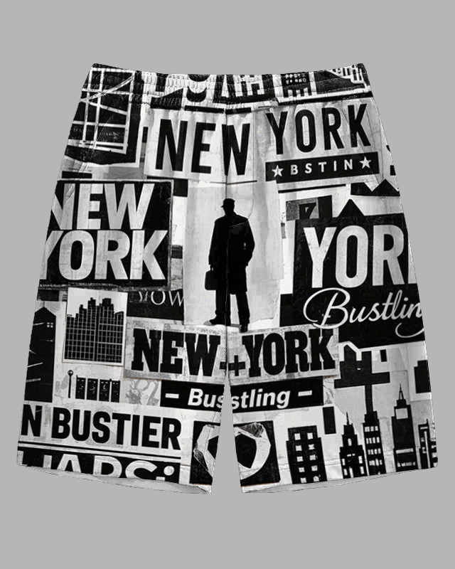 Men's Street Fashion Newspaper Splicing Detective Silhouette Casual Big and Tall Shorts