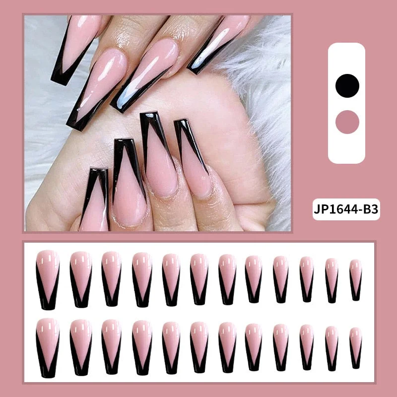 24 PCS Set Extra Long Coffin Flame Designs Pink False Nails Glitter Blue Fake Nails With Adhesive Tabs JP1625-B3