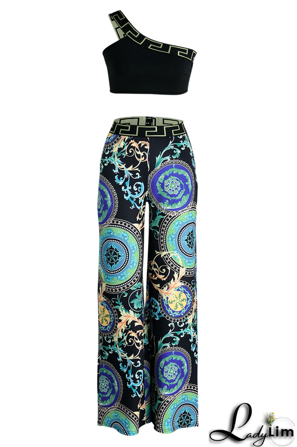 Black Sexy Casual Print Patchwork Backless Oblique Collar Sleeveless Two Pieces