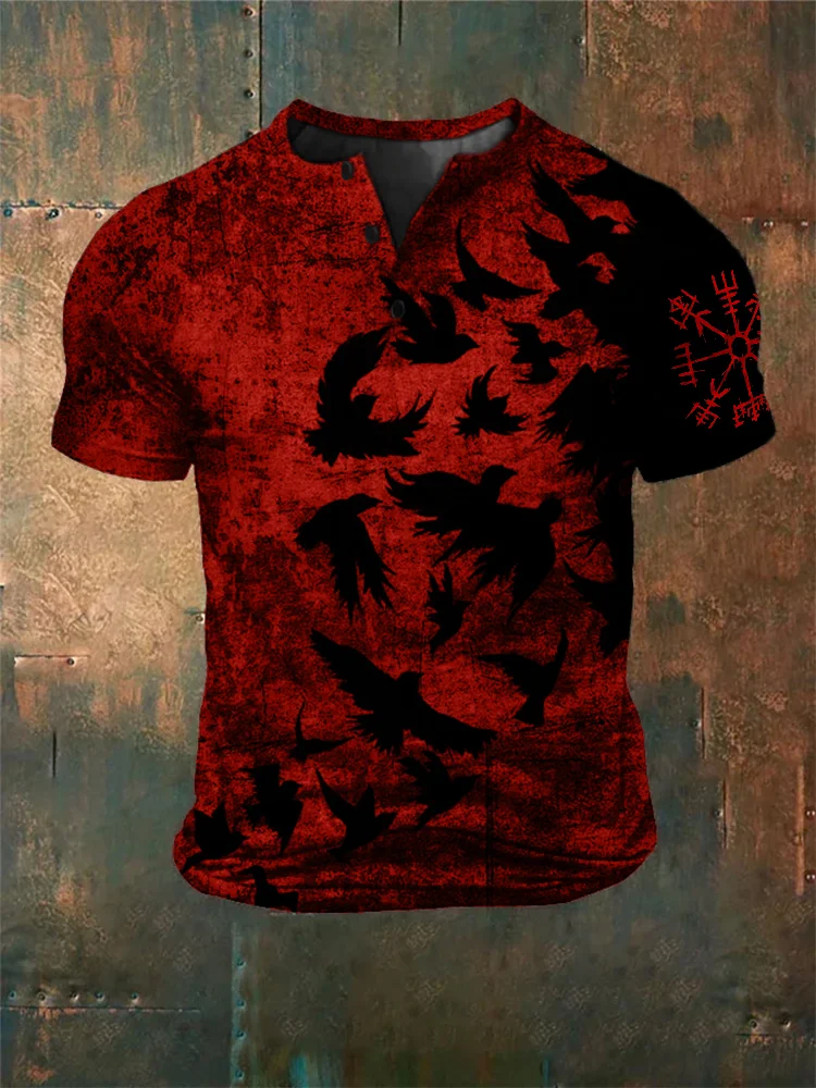 Men's Viking Vegvisir Ravens Distressed Henley Shirt