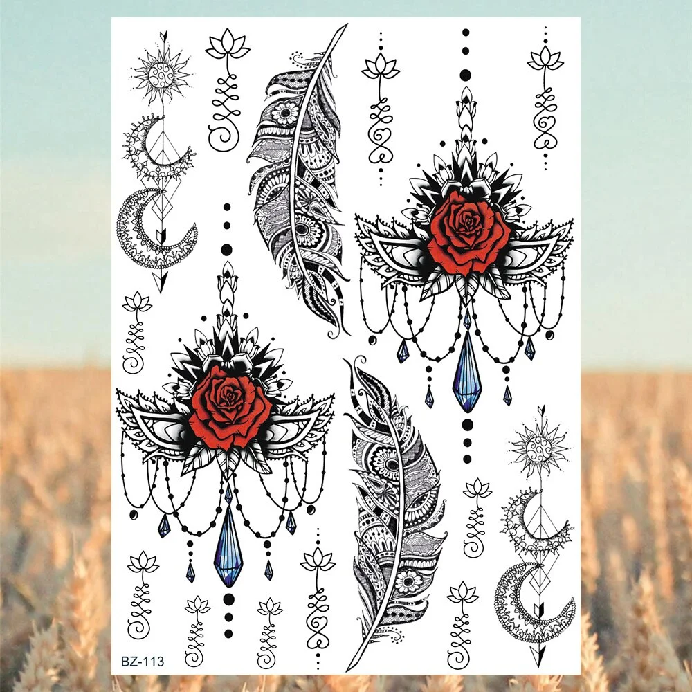 Sdrawing Mandala Lotus Pendant Sexy Henna Temporary Tattoos For Women Underboob Adult Butterfly Feather Fake Tattoo Arm Tatoos