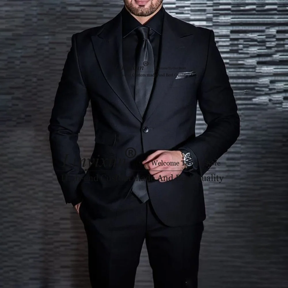 Inongge Classic Black Mens Suits Peak Lapel Business Blazer Slim Fit Wedding Groom Tuxedo Banquet 2 Piece Set Jacket Pants Costume Homme