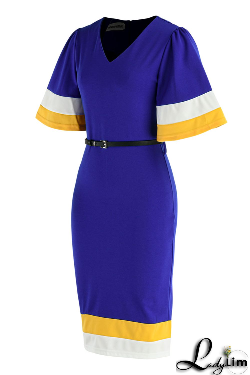 Blue Casual Elegant Patchwork V Neck One Step Skirt Dresses