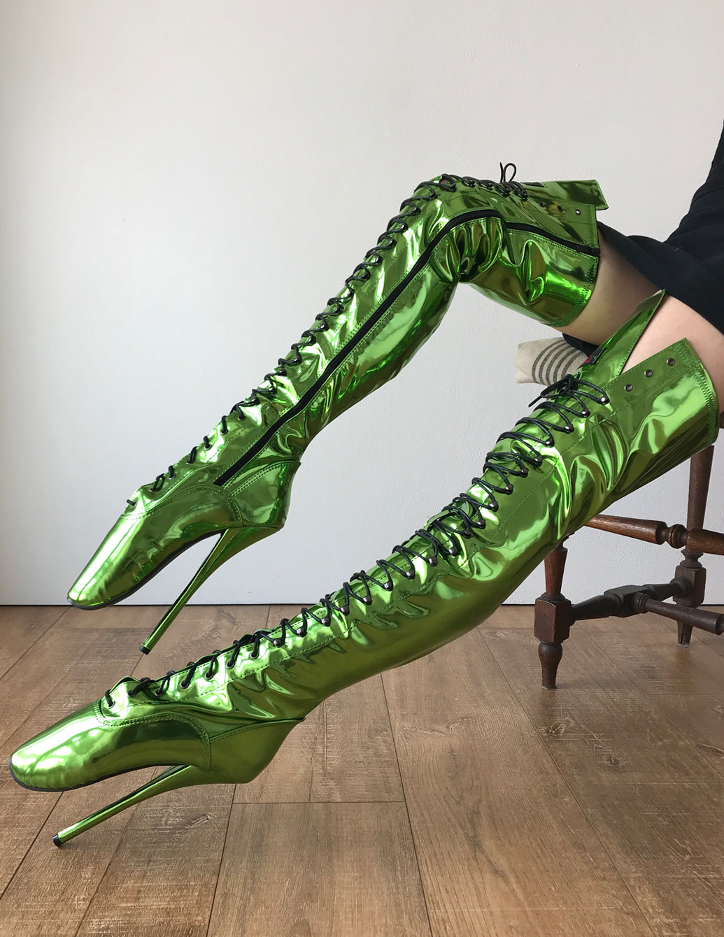 TAAFO EZRA 60cm Wide Tongue Corset Dominatrix Thigh Hi Boots Green Metallic
