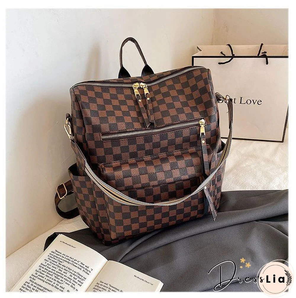 Retro Faux Leather Check Pattern Print Rucksack Vegan Backpack Tote