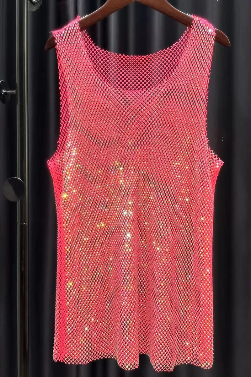 Men's Mesh Rainbow With Rhinestone Raw Cut Tank Tops [Pre-Order]