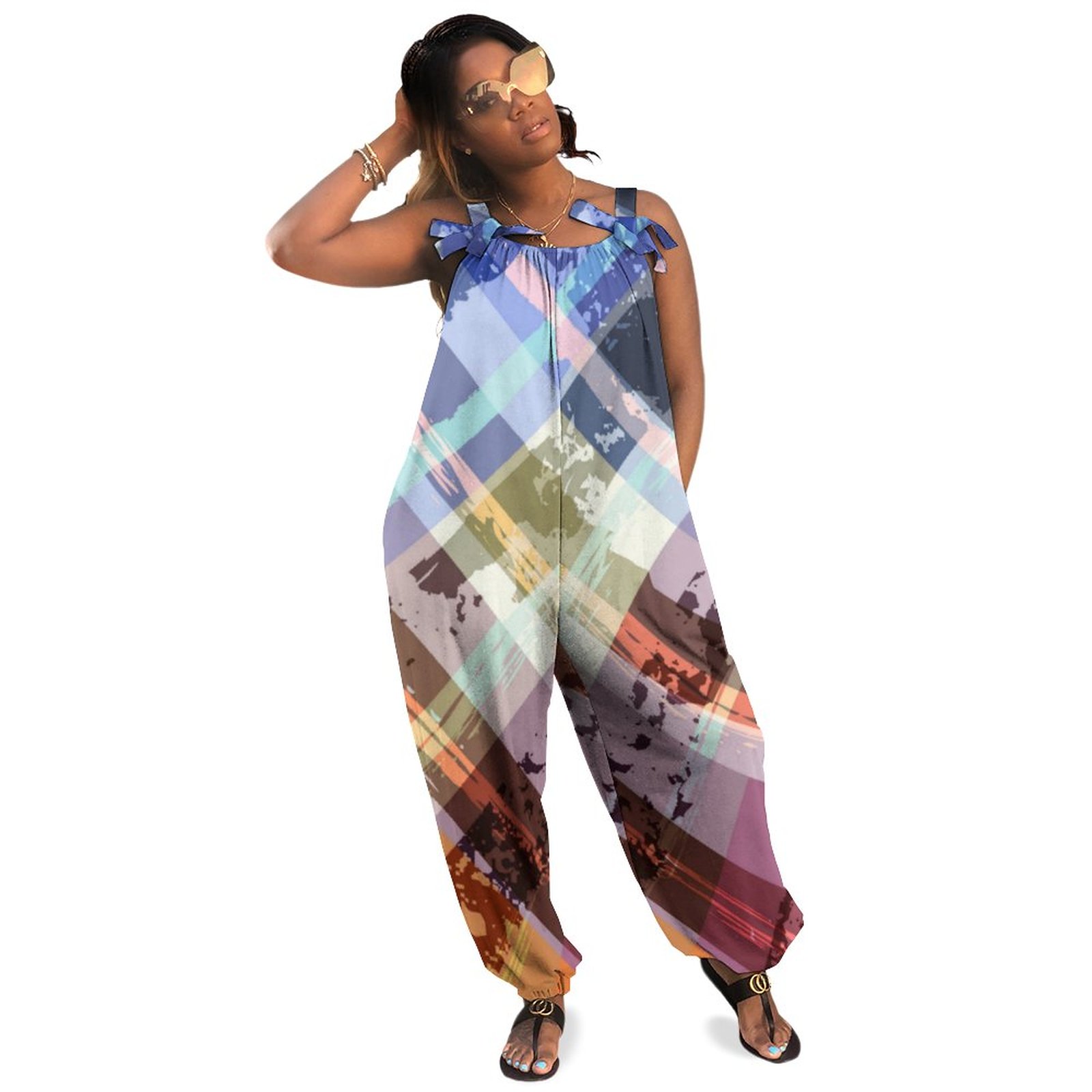 Classy Colorful Abstract Checkers Boho Vintage Loose Overall Corset Jumpsuit Without Top