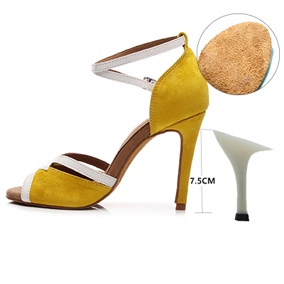 VCshoes Latin Ballroom Yellow White Stripes Modern Dance Shoes Suede Sole Jazz Salsa Cuban Slim Heels Ladies Open Toes Stiletto