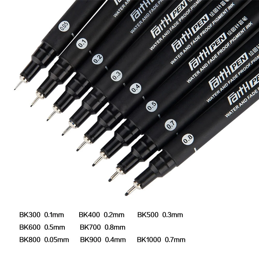 1-Piece Needle Pen Water and Fade Proof Pigment Ink 0.05 0.1 0.2 0.3 0.4 0.5 0.7 0.8 Black Fineliner Sketching Pens