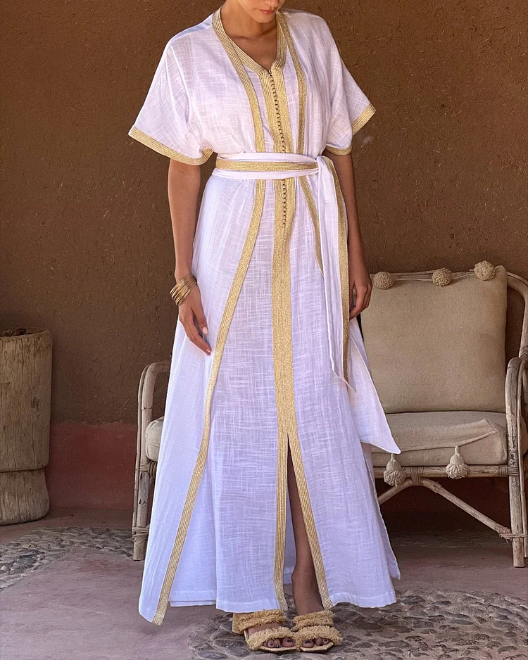 Women's V-neck cotton and linen solid color Dress