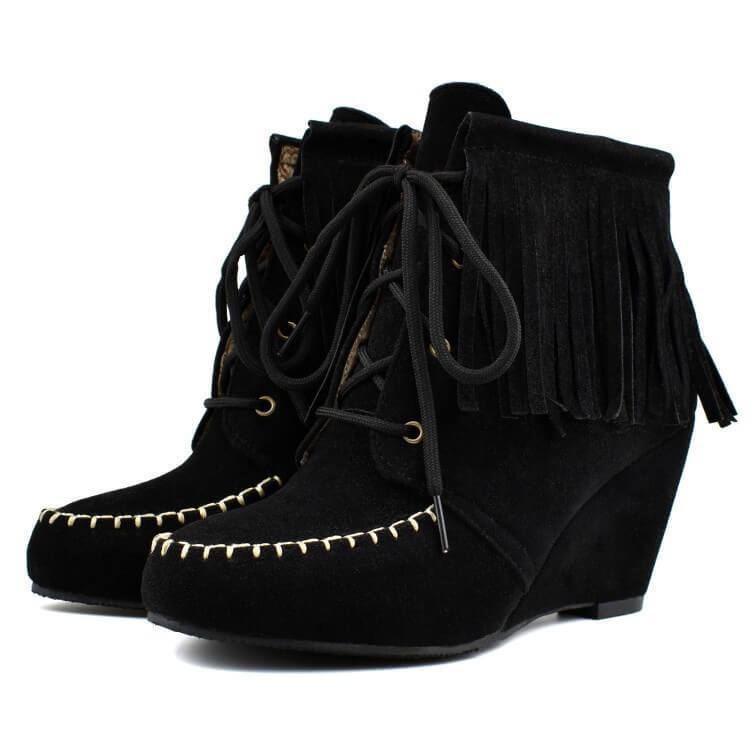 VCSHOES Wedge Lace Up Fringe Suede Ankle Boots