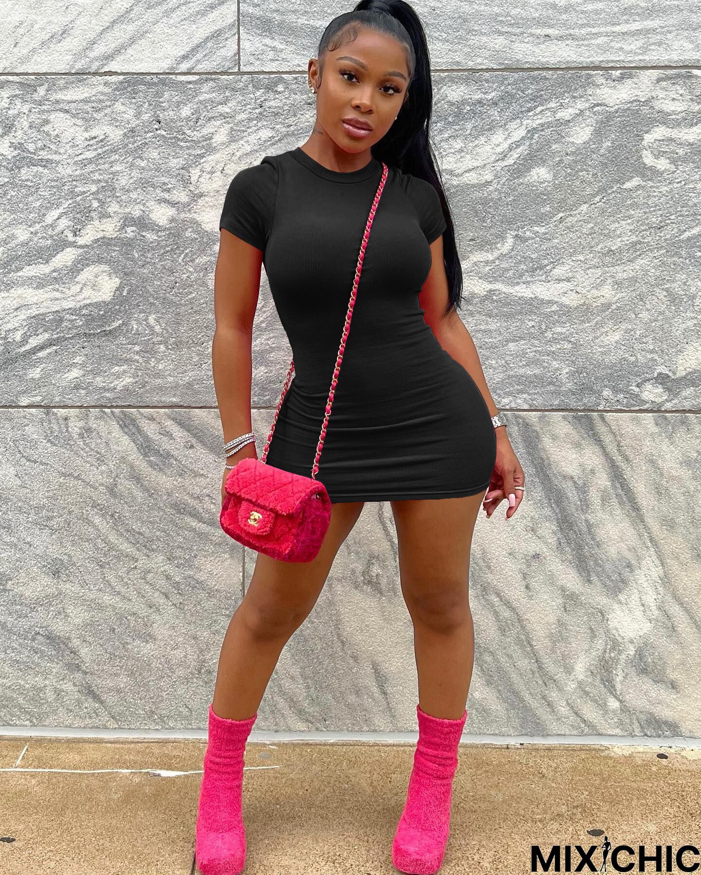 Sexy Tight Solid Color Package Hip Mini Dress