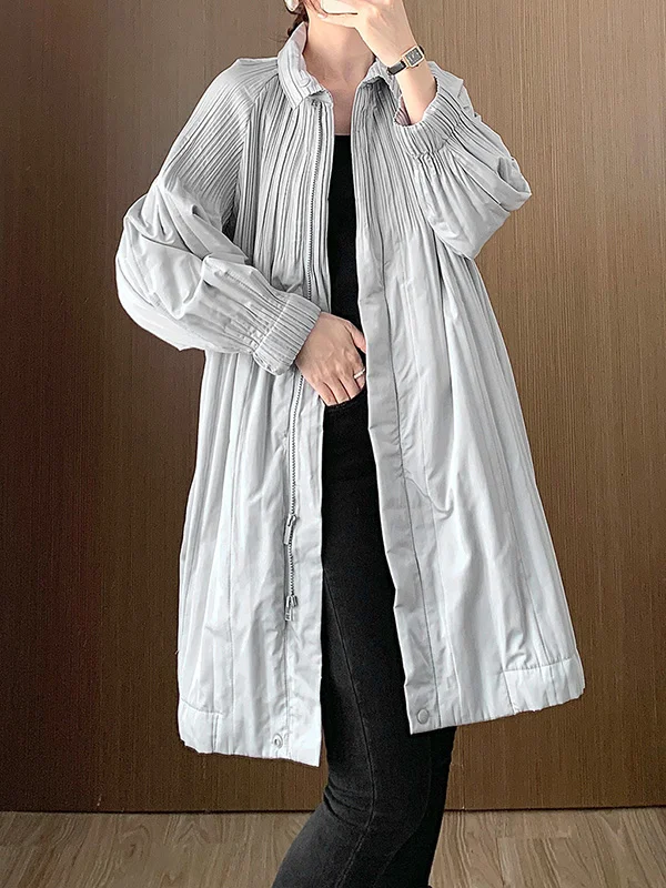 Long Sleeves Loose Pleated Quilted Solid Color Zipper Asymmetric Collar Padded Coat
