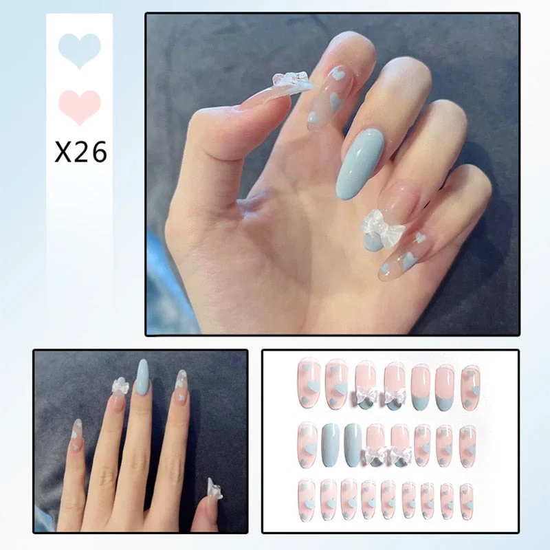 24pcs False Nails With Designs Full Cover Long Head Cute Blue Flower Fake Nail Wearable Finished Nail Piece With Glue Ty-Nail Inspo
