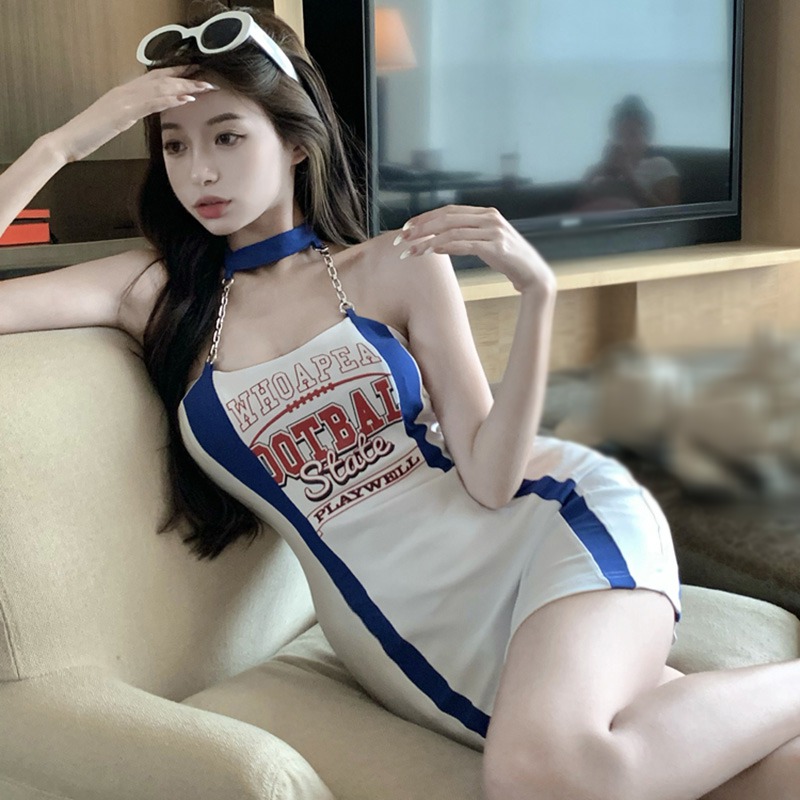 Sexy Summer Retro Summer Hanging Neck Letter Print Slim Fit Sexy Open Back 2024 New Women's Dress