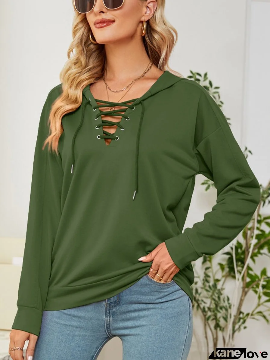 Solid Color Neckline Long Sleeve Hoodie