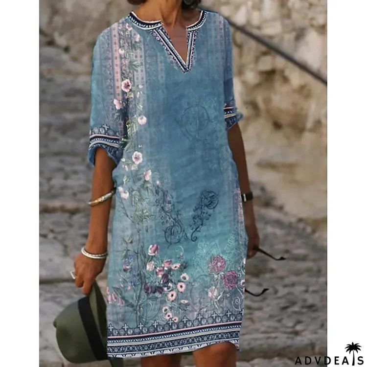 Women\u2018s Casual Dress Shift Dress Midi Dress Green Half Sleeve Floral Print Fall Spring Summer V Neck S M L XL XXL 3XL