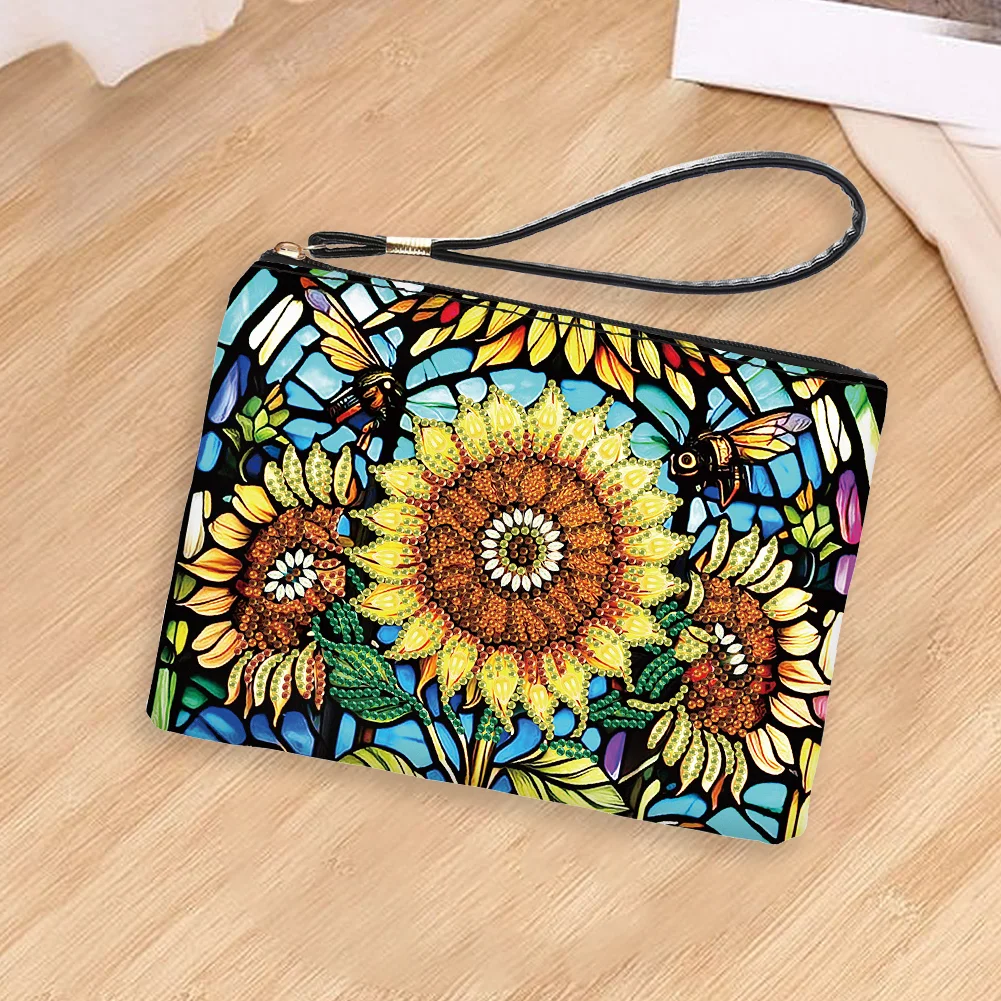 DIY Sunflower PU Partial Special Shaped Diamond Painting Wallet Makeup Bag