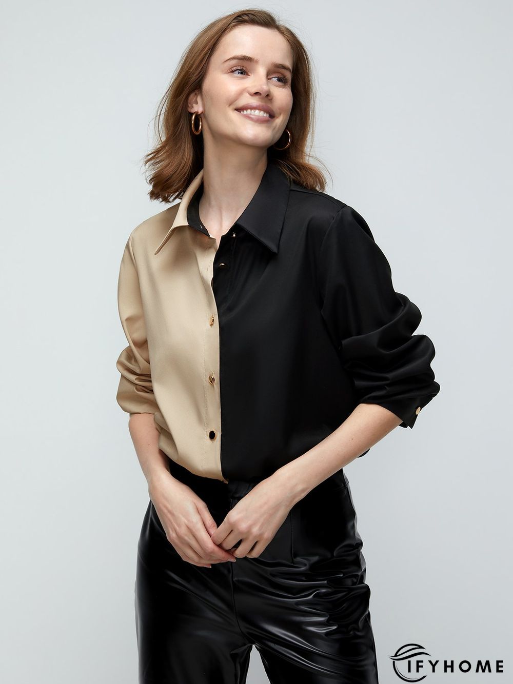 Shirt Collar Color-Block Long Sleeve Plain Blouse | IFYHOME