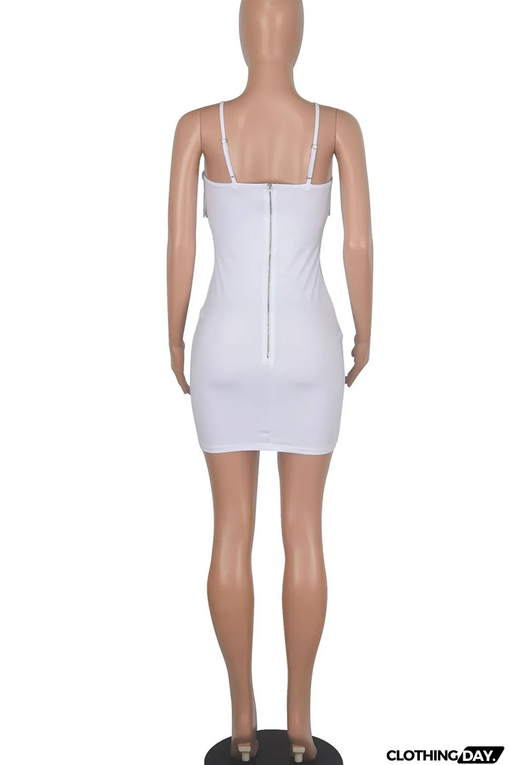 White Sexy Solid Patchwork Feathers Chains Spaghetti Strap Pencil Skirt Dresses