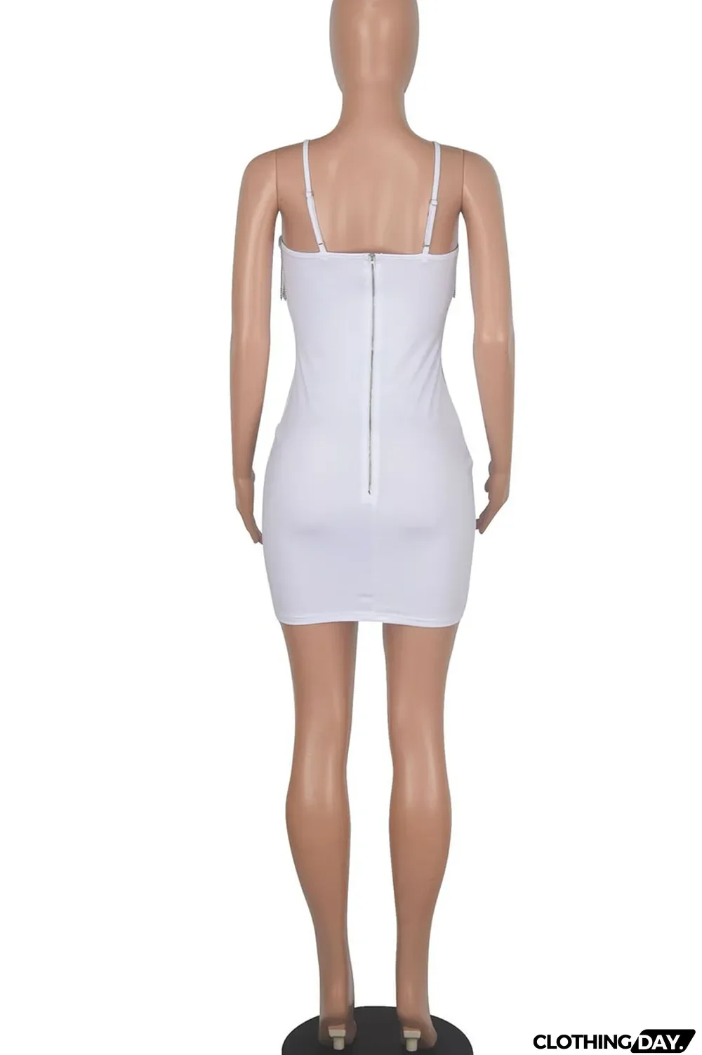 White Sexy Solid Patchwork Feathers Chains Spaghetti Strap Pencil Skirt Dresses