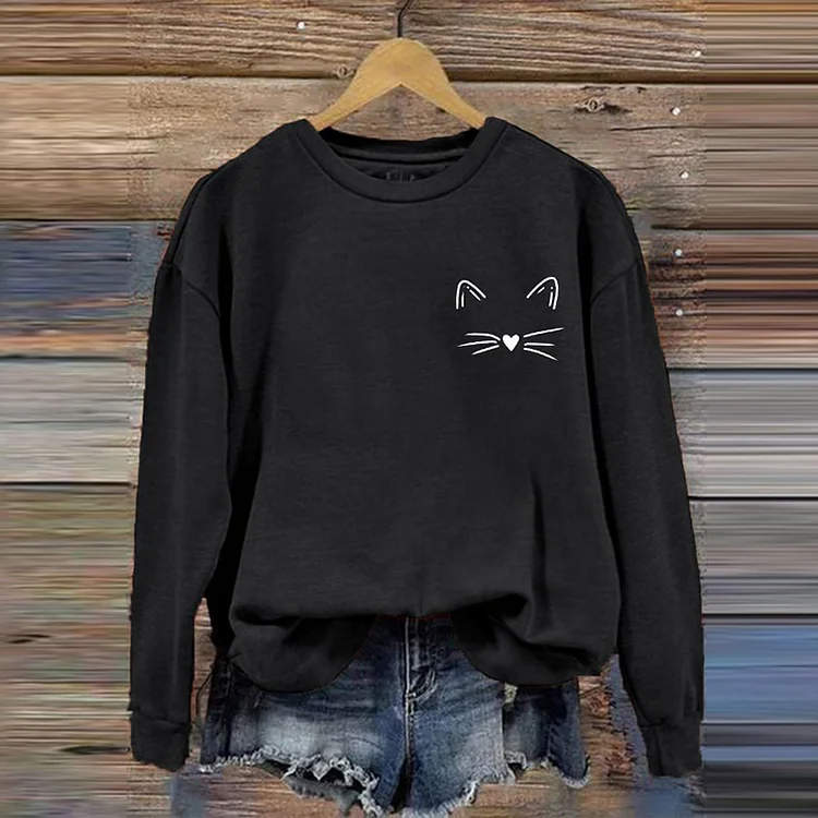 Comstylish Simple Cat Print Round Neck Casual Sweatshirt