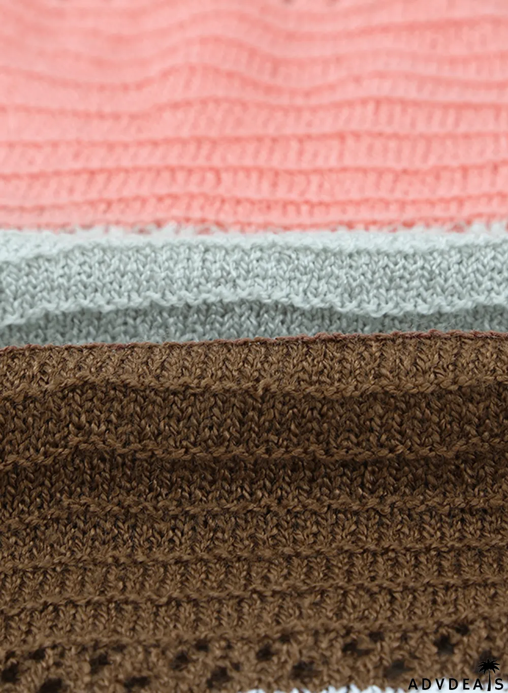 Brown Zipped Front Colorblock Hollow-out Knit Hoodie