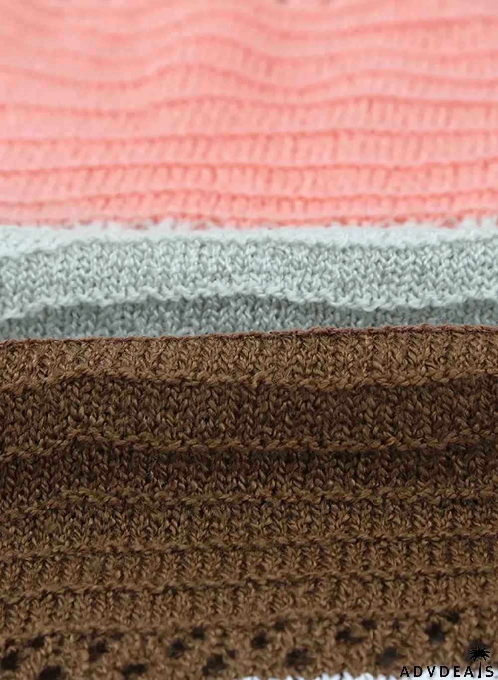 Brown Zipped Front Colorblock Hollow-out Knit Hoodie