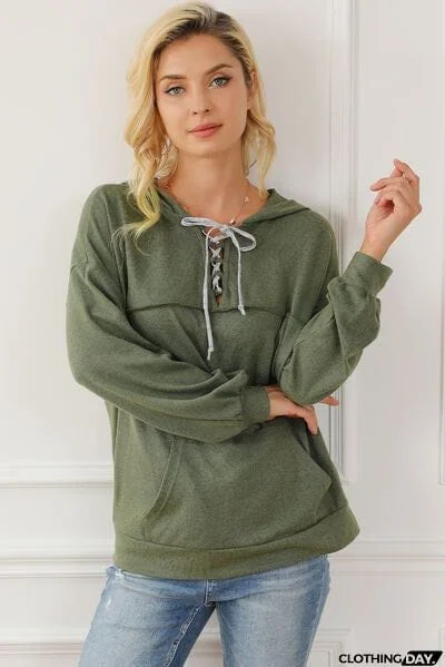 Lace-Up Exposed Seam Hoodie with Pocket